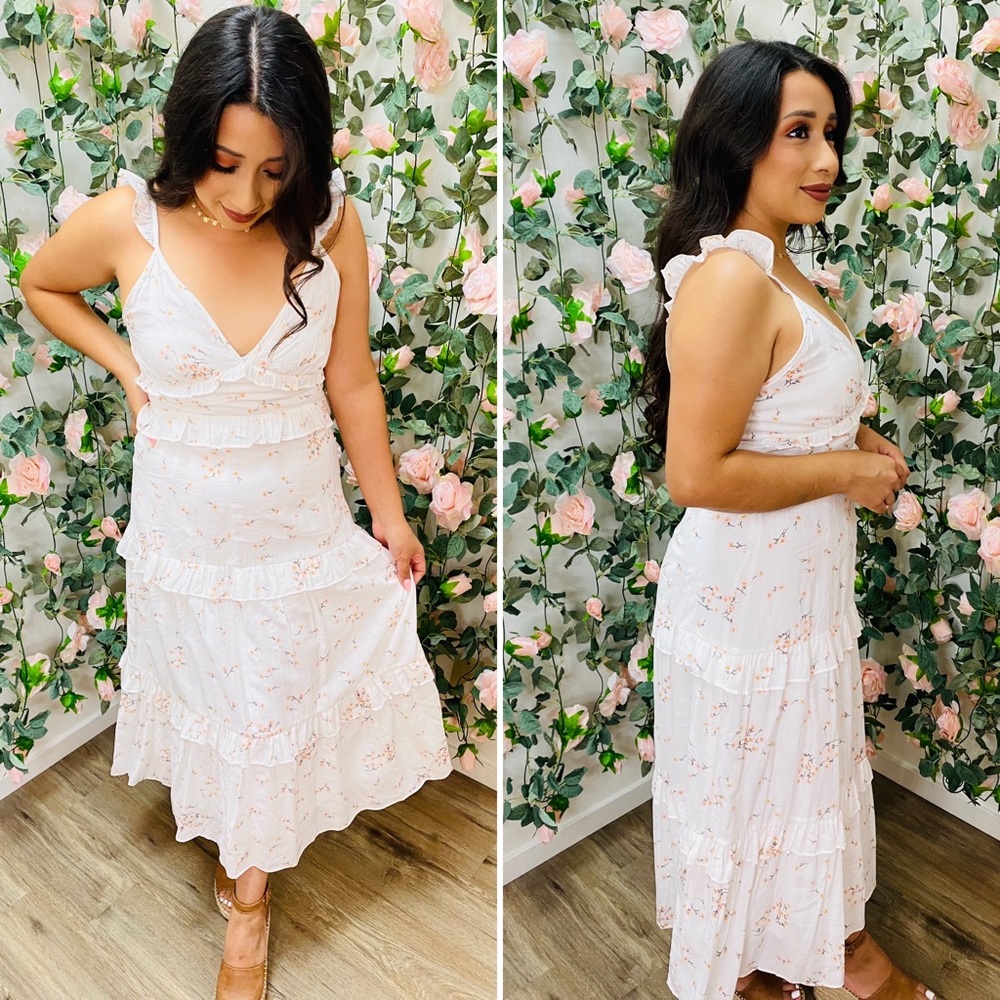 NEW Midi Dress! In a white color with pinkish floral detail! Zip up back. TTS